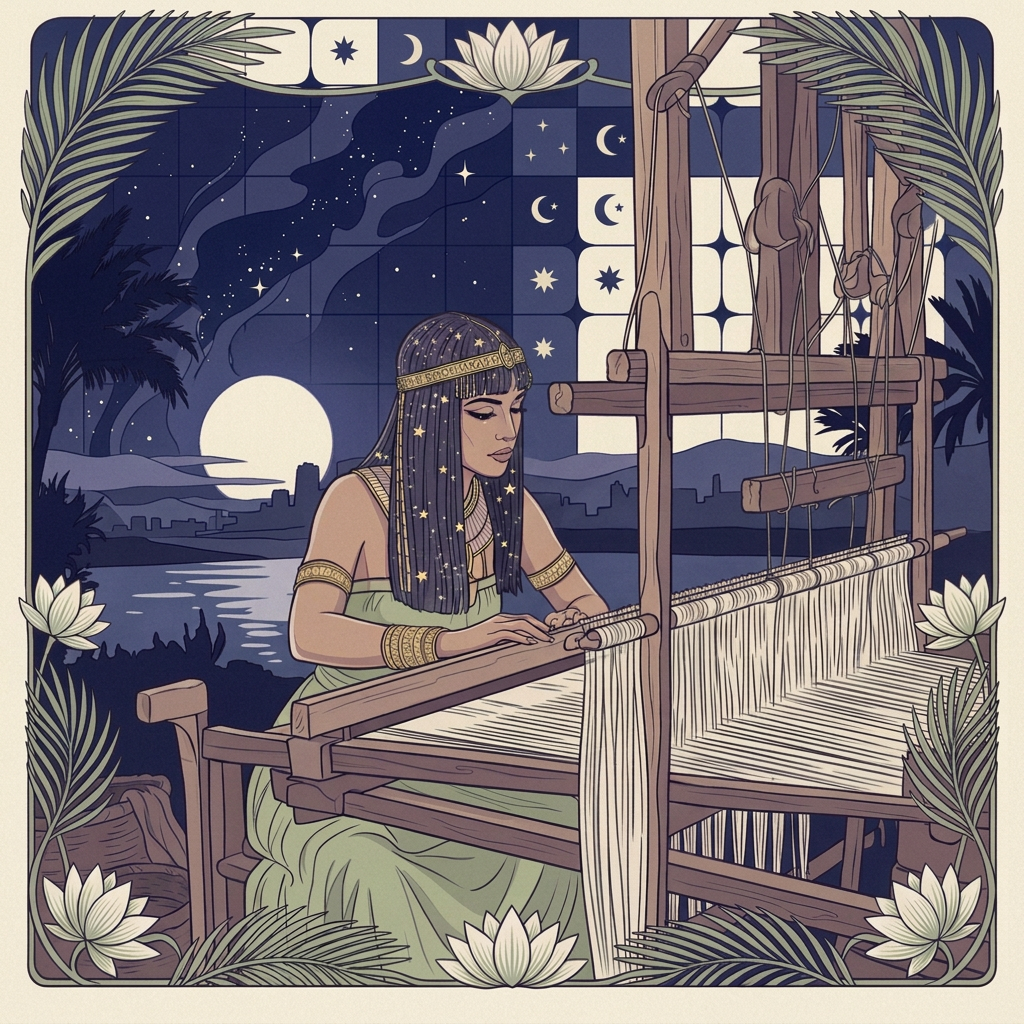 Neith weaving at her loom beneath a starlit sky